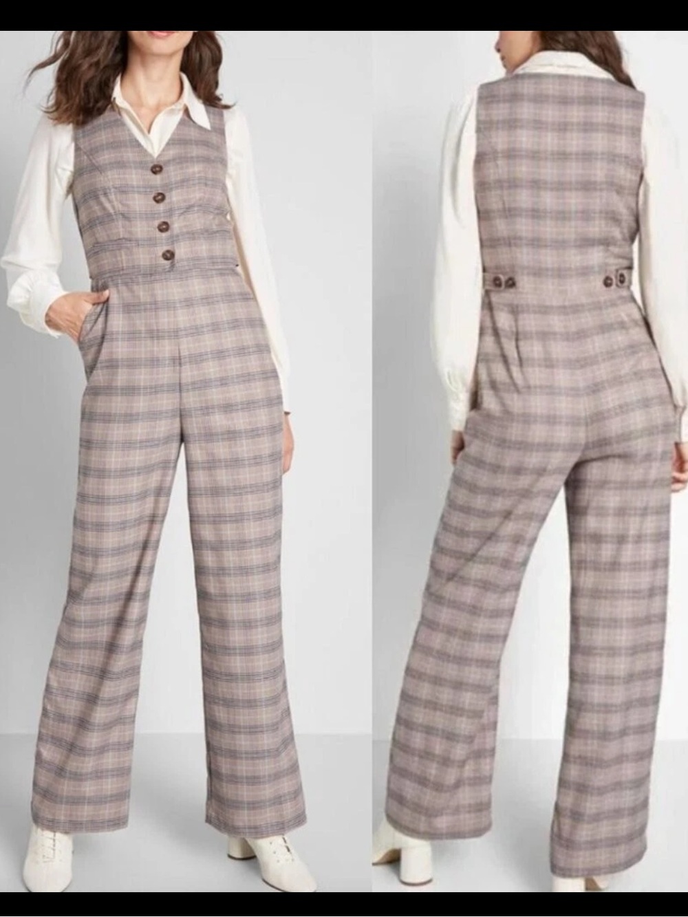 ModCloth Plaid Appeal Tan Brown Vest Jumpsuit Pants Size 0